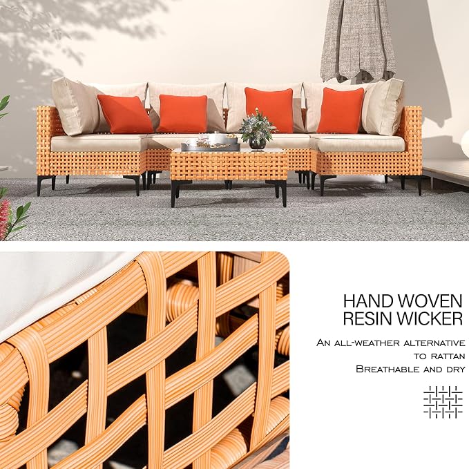12 Piece Modular Outdoor Furniture Set - Wicker Sectional Sofa With Table for Patio, Balcony, Porch, Deck, Yard (Salmon&Orange Wicker, Sand Cushion)