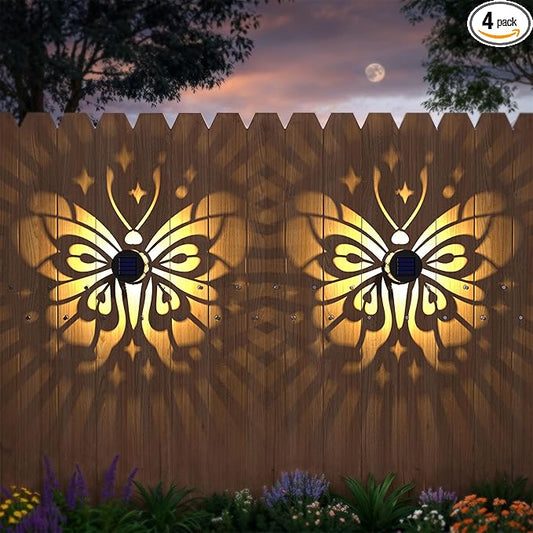 Hapjoy Solar Fence Lights 4 Pack Solar Deck Lamps Outdoor Decorations Powered Step Lights Wall Waterproof LED Warm Decorative Lighting for Garden (Butterfly-Star, 4)