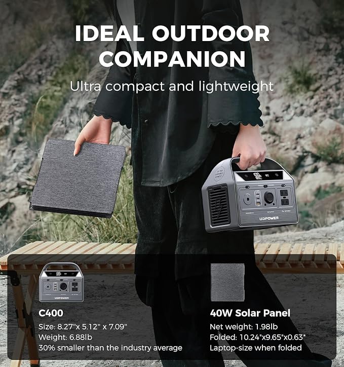 UDPOWER C400 400W Portable Power Station(Solar Panel Option) l 256Wh LiFePO4 Battery, 800W Surge| AC Outlet,USB-C,12V DC | for Camping, RV, Emergency Backup