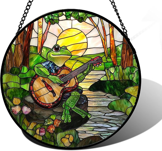 DASTOLL Stained Glass Window Hanging, Frog Playing Guitar Suncatcher Diamond Glass Panel Funny Sun Catchers Decor for Birthday for Women, Men, Wife, Aunt, and Mom 6.3 in