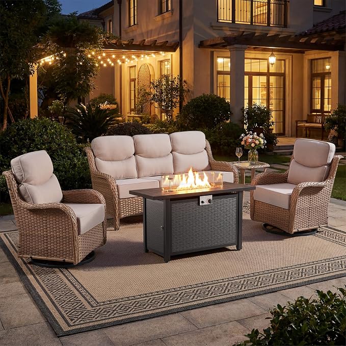 Luxury High Back Patio Furniture Set with 6-Inch Thick Cushions, 5-Pieces Outdoor Furniture with Swivel Chairs Fire Pit, Wicker Conversation Set for Porch, Balcony, Deck and Yard, Yellow/Beige