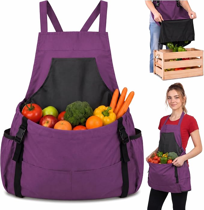 Gardening Apron with Pockets, Heavy Duty Canvas Harvest Apron | Front kangaroo-style pouch with bottom release for easy unloading, Cross-back fit, Canvas with Oxford lining