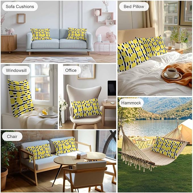 Vandarllin Outdoor Throw Pillows Covers 20x12 inch Set of 2 Waterproof Yellow Lemon Decorative Zippered Cushion Covers for Patio Furniture, Summer Fruit Black Stripes Lumbar Pillowcases