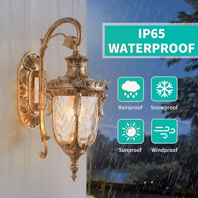 16.93” Outdoor Wall Light Fixture Bronze Exterior Wall Lantern | Outside Waterproof Sconce Rustic Porch Light Wall Mount with Hammered Glass Shade for House