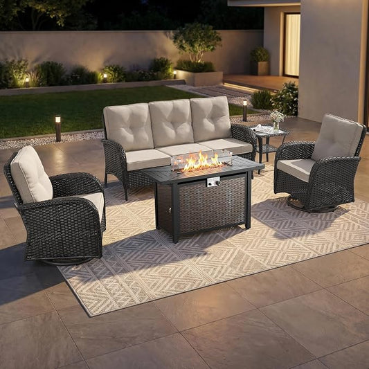 5 Piece Patio Furniture Sets with Fire Pit Table - Wicker Patio Conversation Sets with Swivel Glider, Loveseat, Tempered Glass Side Table for Deck Backyard - Black Wicker Beige Cushion