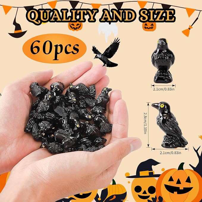 60 Pcs Miniature Resin Crows Black Raven Figurines Spooky Halloween Decor Tiny Animals for Terrariums & DIY Crafts