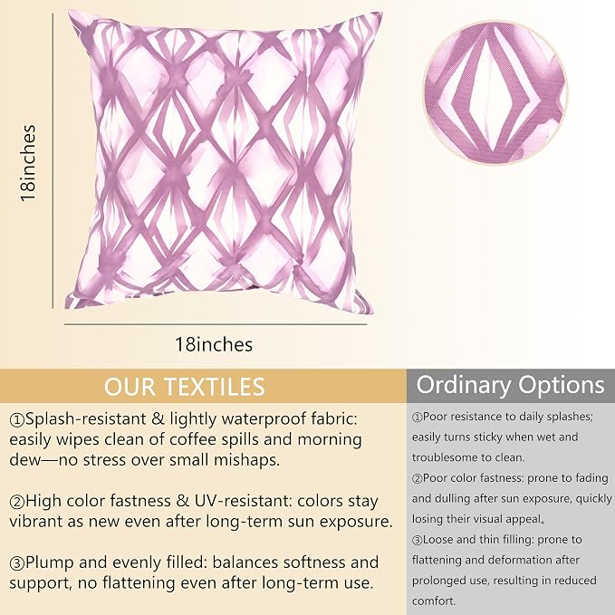 Outdoor Throw Pillows Set of 4,18×18,Waterproof for Rustic Patio | Anti-fade outdoor decorative pillows fit front porch, outdoor lounge, picnic outings & indoor decor, Bloom Amethyst Diamond.