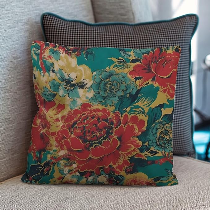 Animal Tiger Stripe Colorful Chinoiserie Cushion Cases Peony Floral Asian Throw Pillow Cover Abstract Outdoor Garden Decoration for Outside Couch Chair Patio 16x16 in