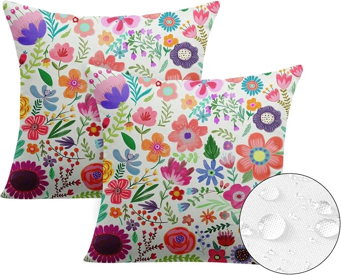 Flower Summer Outdoor Waterproof Throw Pillow Covers 18 x 18 Inch Set of 2, Floral Pink Pillowcase Square Cushion Case, Farmhouse Garden Decorative Pillows for Couch Beach Patio