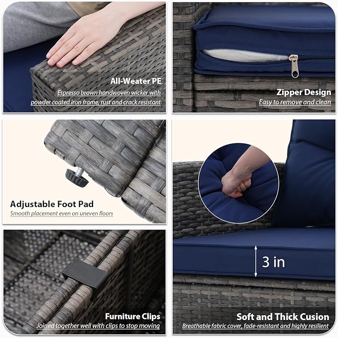 JOIVI Patio Furniture Set with Fire Pit Table, 8 Pieces Rattan Outdoor Conversation Set, 45" 50000 BTU Gas Fire Pit, Sectional Sofa with Storage Box, Navy Blue (Without Table)