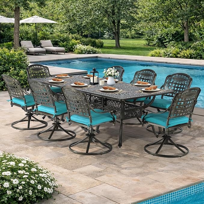 VIVIJASON 9-Piece Outdoor Dining Furniture Set, Cast Aluminum Patio Table & Chairs Set for 8, Include 94.5" Rectangular Dining Table and 8 Swivel Rocker Chairs with Umbrella Hole, Ocean Blue Cushion