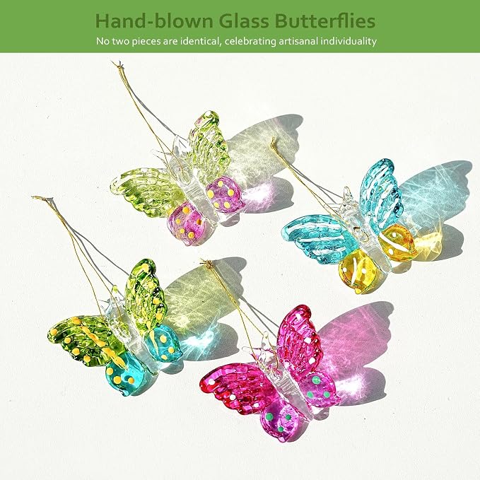 4 Pack Blown Glass Butterfly Decorative Garden Stakes | Colorful Butterflies With 13.5'' Tall Gold Plant Trellis for Indoor Outdoor Lawn Porch Pathway Patio Plant Potted Flower Bed