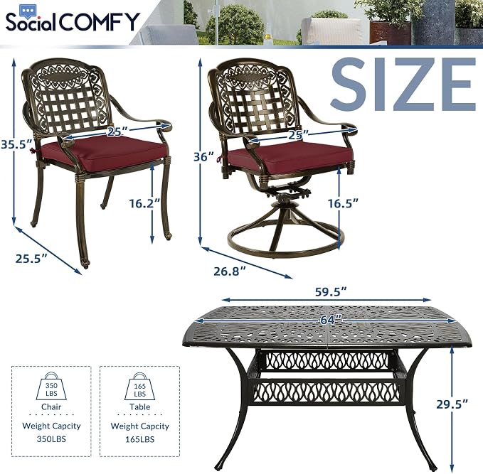 SOCIALCOMF 9-Piece Patio Cast Aluminum Dining Set, Outdoor Table and Chairs Set for 8, Includes 64" Large Square Dining Table, 6 Stationary, 2 Swivel Dining Chairs with Umbrella Hole, Red