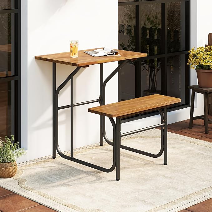 Tangkula Patio Dining Bench Set for 2, Heavy-Duty Outdoor Acacia Wood Dining Furniture with Metal Legs for Balcony, Backyard, Poolside, Garden (2,32” x 27.5” x 29.5”)