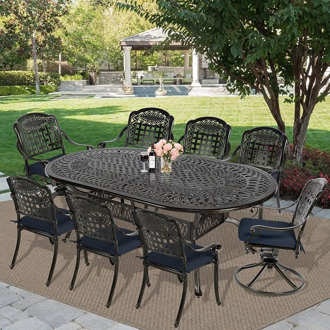 MEETWARM 9-Piece Outdoor Patio Dining Set, All-Weather Cast Aluminum Patio Conversation Set with 6 Stationary, 2 Swivel Rocker Chairs, 1 Oval Table, 8 Cushions, 2" Umbrella Hole, Navy Blue