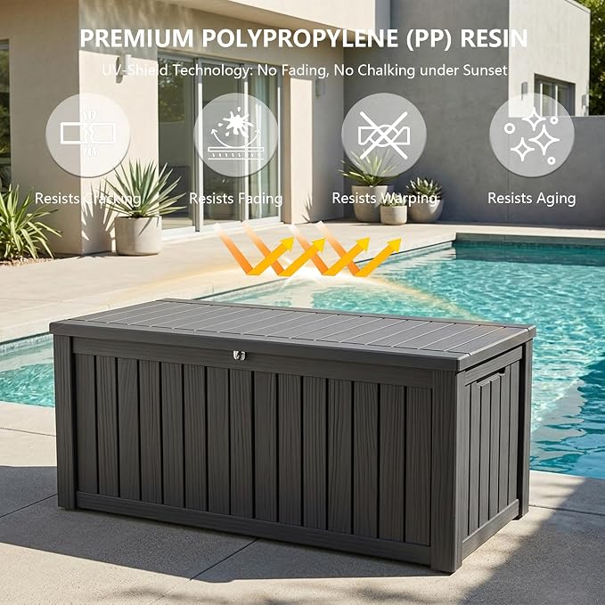 Outdoor Storage Box, 150 Gallon Waterproof Deck Box [Upgraded 3.0], Piston-Assisted Resin Trunk for Sectional Sofa Cushions, High-Capacity Lockable Double Storage Bench, Patio Lounge, Black