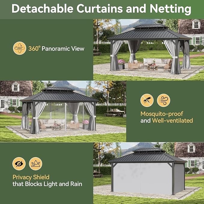 Aoxun 12Ft X 16Ft Hardtop Gazebo, Aluminum Metal Outdoor Gazebo with Breathable Netting and Curtains, Galvanized Steel Double Top, Permanent Patio Pavilion for Backyard, Wedding, Party
