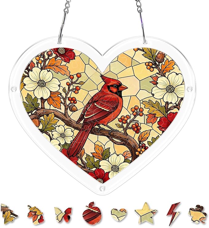 Acrylic Puzzle Suncatcher, Sun Catchers Puzzle for Window Hanging | 7.4 in Heart-shaped Cardinal DIY Suncatcher Puzzle Gifts for Adults, Women, Men, Wife, Mom, Birds Lover, Home & Garden Decor