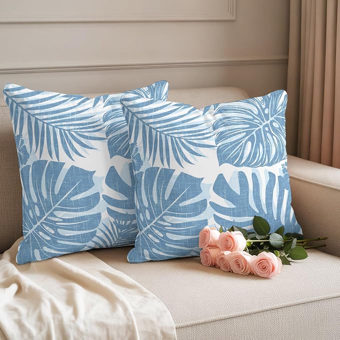Coastal Blue Palm Leaves Outdoor Pillow Covers 20"x20" Set of 2, Tropical Botanical Minimalist Modern Waterproof Throw Pillow Covers for Patio Furniture, Decorative Cushion Covers for Porch