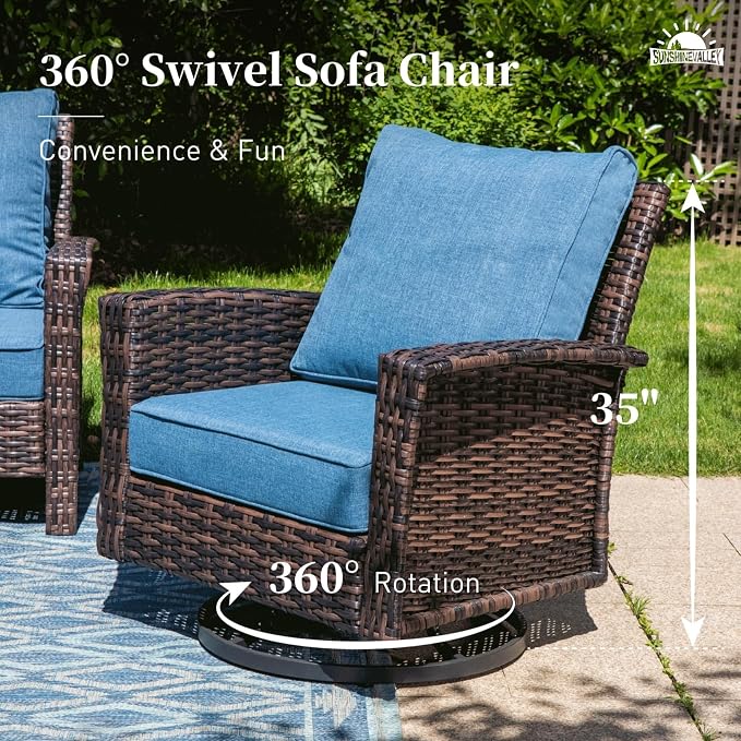 SUNSHINE VALLEY Patio Wicker Swivel Chairs Set of 2, Outdoor High Back Chairs with 5.5" Waterproof Cushions, Outdoor Furniture Set for Deck Porch and Yard, Blue