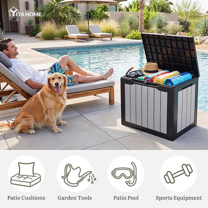 YITAHOME 30 Gallon Deck Box, 2-Pack Waterproof Resin Outdoor Storage Box with Lock, Doubles as Bench Seating for Patio Furniture Cushions,Garden Tools & Pool Accessories, Black & Gray
