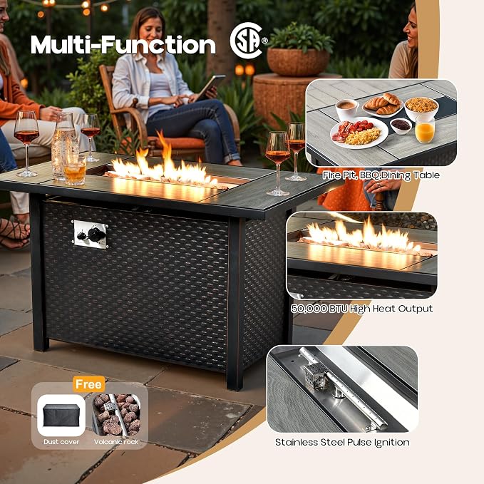 Outdoor Patio Furniture Sets,6 PCS Patio Conversation Set Outside Rattan Sectional Sofa with 42 in Fire Pit Table&Coffee Table Fit Backyard Porch Garden Poolside Balcony