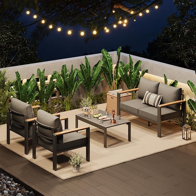 Garvee Aluminum Patio Furniture Set 4 Seats, Generous Outdoor Sectional with Washable Thick Cushions and Coffee Table, Patio Conversation Sets for Porch, Balcony, Deck, Yard