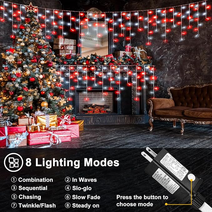 Red and White Christmas Lights Outdoor Icicle Lights for Outside 66ft | 640 LED Twinkle String Lights Clear Wire Connectable 8 Modes Timer Waterproof for House Party Tree Holiday Patio Home Decor