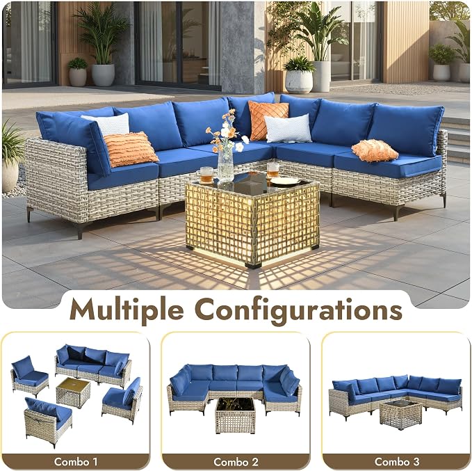 7 Pieces Patio Furniture Set with Solar Light Coffee Table, All-Weather Rattan Outdoor Sectional Conversation Sets L Shaped Sofas with Thick Cushions for Porch Balcony Backyard Navy Blue