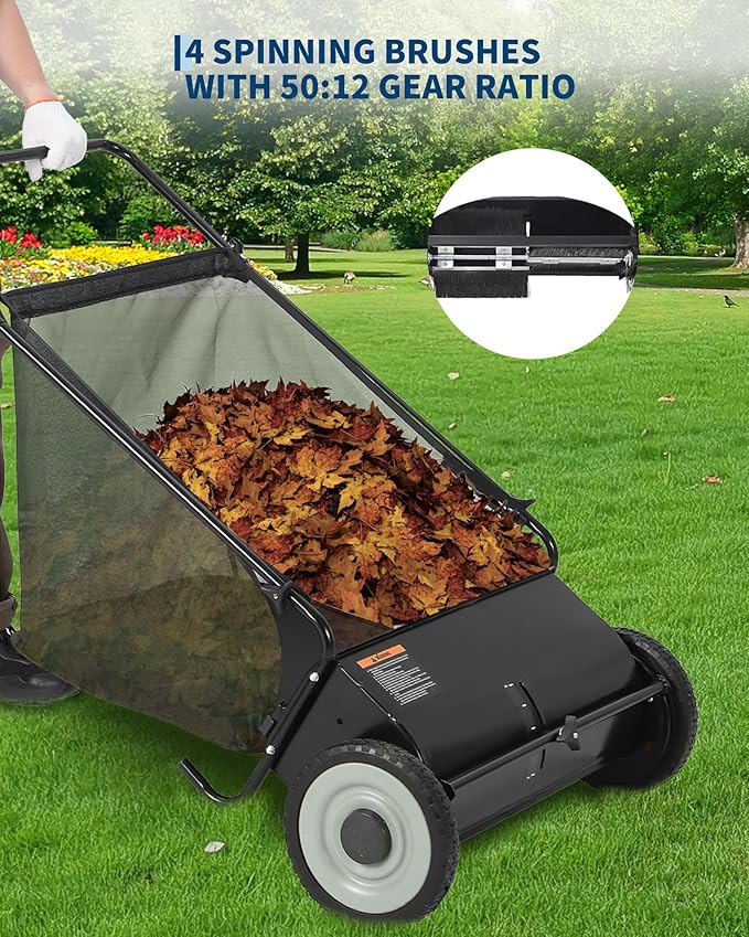 21in & 26in Heavy-Duty Push Lawn Sweeper - 4 Spinning Brushes, 3.5/7Cu. ft. Capacity, Adjustable Height for Grass, Leaves & Debris on All Terrains