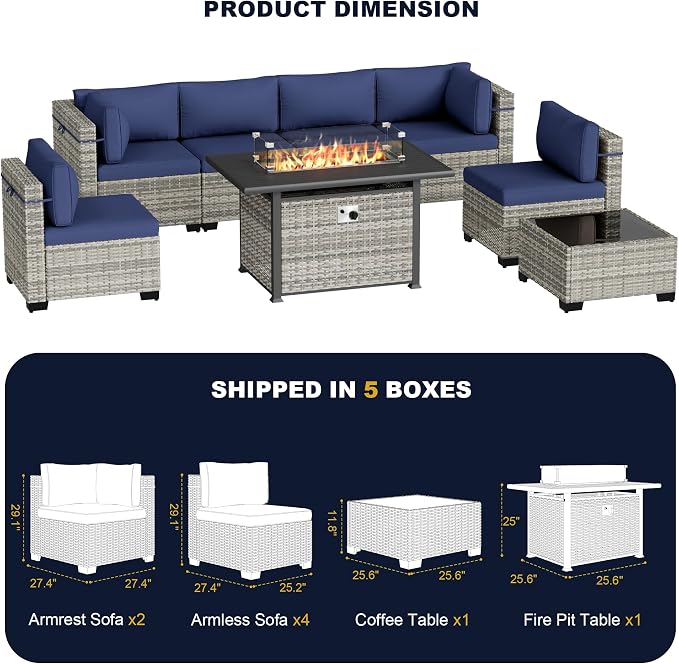 8-Piece Outdoor Patio Furniture Set with 55,000 BTU Fire Pit Table, PE Wicker Rattan Sectional Sofa Conversation Set - All-Weather Garden, Backyard Furniture, Navy Blue