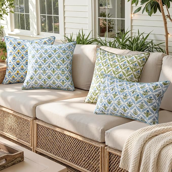ANRODUO Floral Outdoor Waterproof Pillow Covers Set of 2 Blue 20x20 Inch | Square Block Print Decorative Cushion Cases With Refined Edge Piping for Summer Patio Porch Garden Couch Sofa Bench Decor