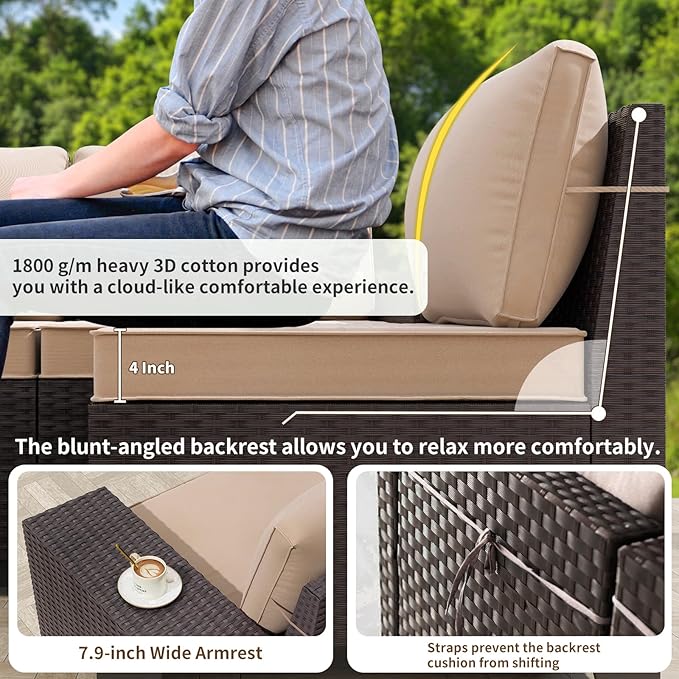 Gotland 6 Pieces Patio Furniture Set with 1 Coffee Table, 5 Seater Rattan Outdoor Sectional with Wide Armrests 29.5'' High Backrest Thick Waterproof Cushions, Conversation Sets for Deck Garden Khaki