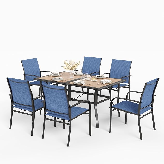 HERA'S HOUSE 7pc Patio Dining Set, Metal Table with PVC Top, Blue Chairs | 60" rectangular table with umbrella hole, 6 textilene chairs. Waterproof, rust-resistant, all-weather for yard, porch