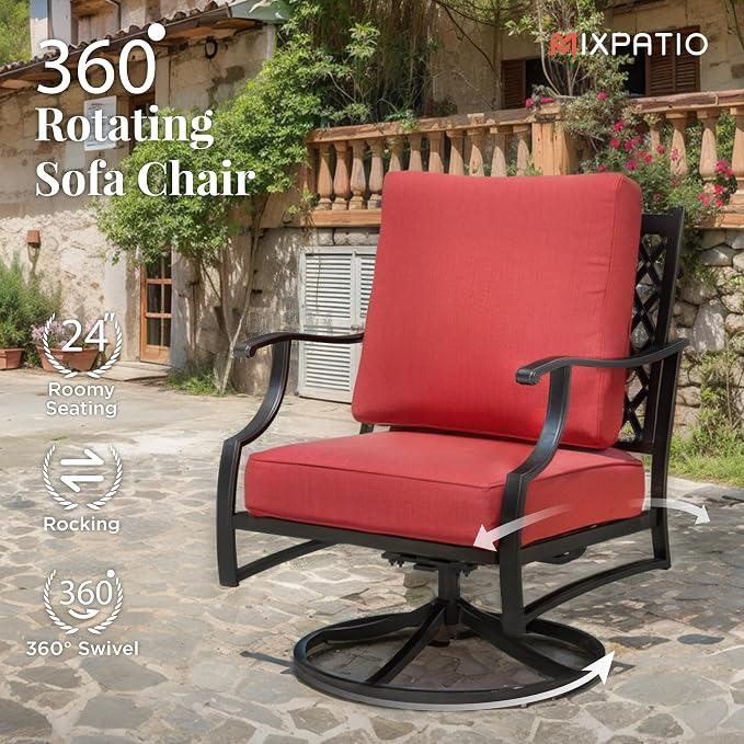 MIXPATIO Patio Furniture Set with Fire Pit Table, 5 Pcs Metal Outdoor Conversation Set, 4 Swivel Chairs with 5.75" Extra Thick Cushion and 28" Fire Pit Table for Backyard Deck, Red