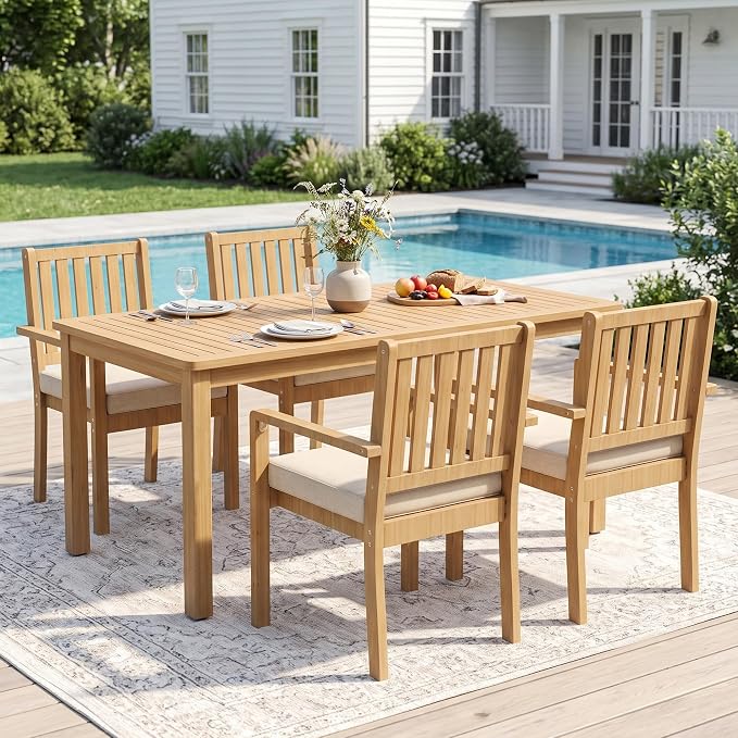 Wisteria Lane 5 Pieces Acacia Outdoor Patio Table and Chairs Set for 4, Patio Outdoor Dining Table Set with Cushion, Modern Outdoor Patio Set for Deck Lawn Backyard Garden, Beige