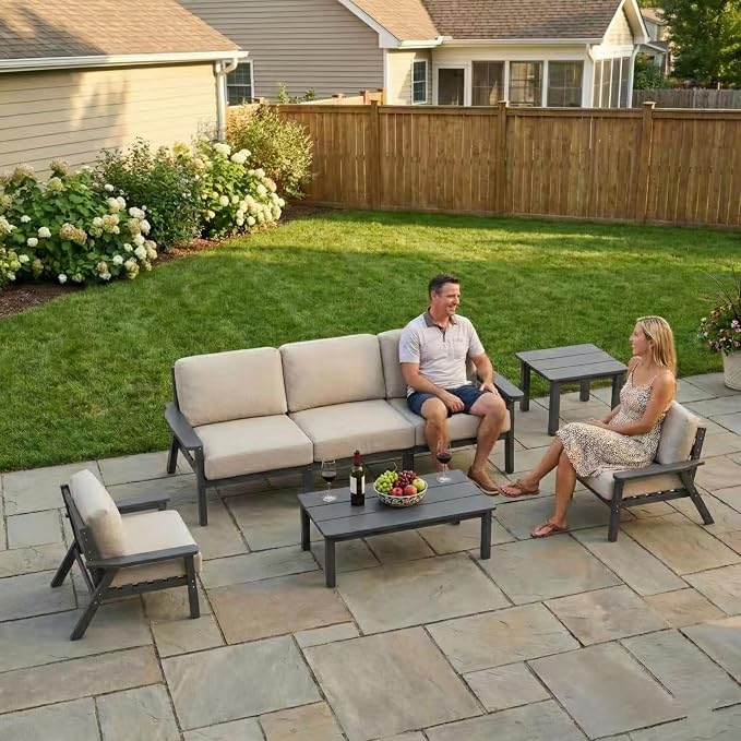 Kingdura HDPE Patio Furniture Set, 4 Piece Outdoor Sectional Sofa with Coffee Table, All Weather Outdoor Couch Conversation Set with Washable Cushions for Backyard Poolside Balcony