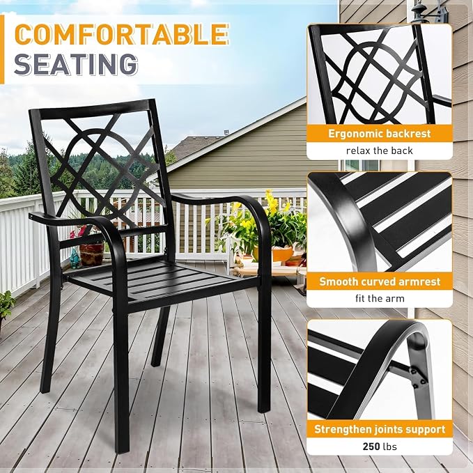 5 Piece Outdoor Patio Dining Set, Metal Patio Furniture Set Outdoor Square Slatted Dining Table with Umbrella Holes & 4 Stackable Chairs for Backyard, Garden