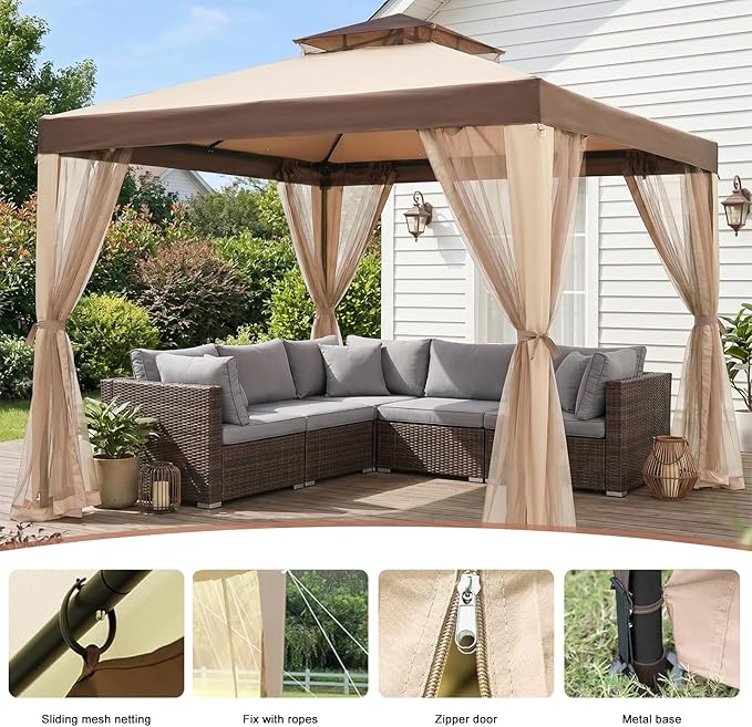 10x10 Gazebo with Netting, Canopy Tent Sun Shade Shelter for Outdoor Patio Backyard (Beige)