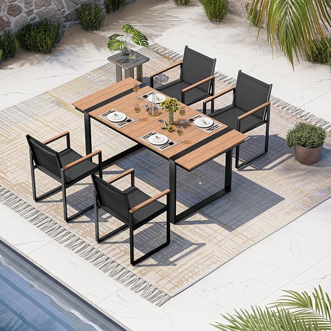 Outdoor Table and Chairs of 4, Patio Dining Sets, HDPS + Aluminum Outdoor Furniture Set with Umbrella Hole, Patio Dining Table Set (Gray-Teak)