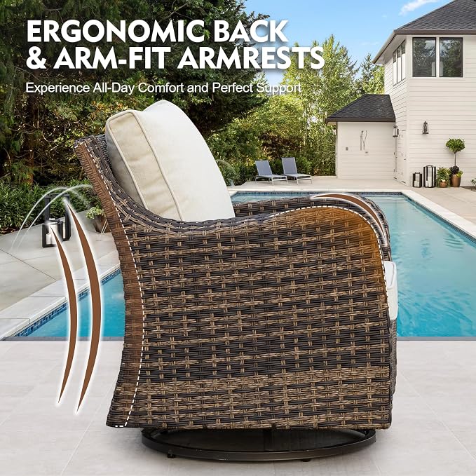 MEISSALIVVE 7 Pieces Patio Furniture Set with Swivel Chair, Wicker Patio Sofa, Rattan Conversation Set with Three-seat Sofa, 2 Ottomans and Loveseat for Lawn Backyard (Brown)