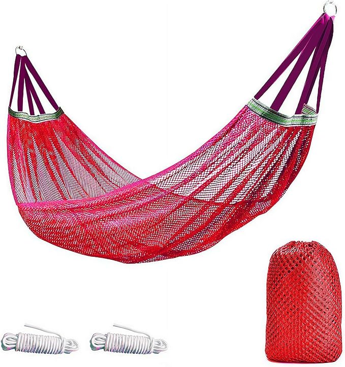 Outdoor Hammock, Load Bearing Camping Hammock, Super Soft and Breathable Nylon Mesh Hammock, with Portabl Carry Bag, Handwoven Mayan Family Hammock, for Outside Outdoor Patio Backyard (Red)