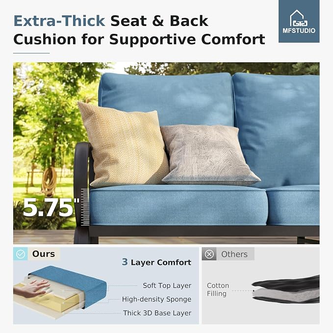 MFSTUDIO 5 Pieces Patio Conversation Sets, 7 Seats Metal Patio Furniture Sets with 1 x 3-Seat Sofa, 2 x Sofa Chairs, 2 x Ottoman, All Weather Steel Patio Sets with 5.75inch Navy Cushion for Garden