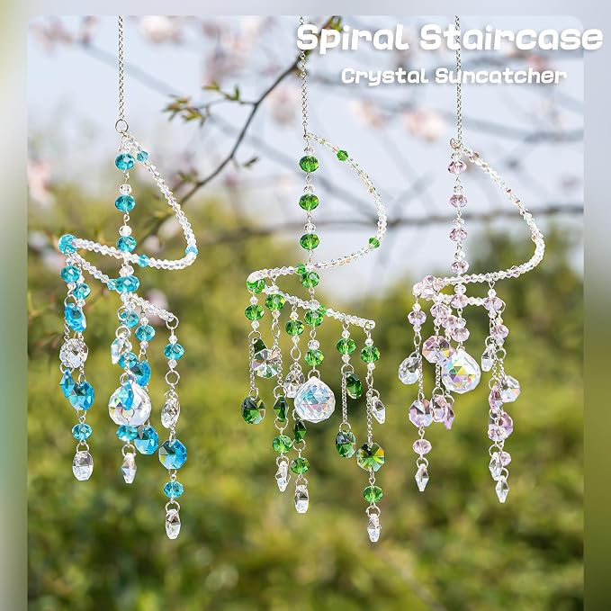 3 Pcs Crystal Suncatchers Wind Chimes, Spiral Sun Catchers Indoor Window | Crystal Wind Chimes Boho Healing Hanging Crystals for Home Garden Wedding Decoration(Pink,Green,Blue)