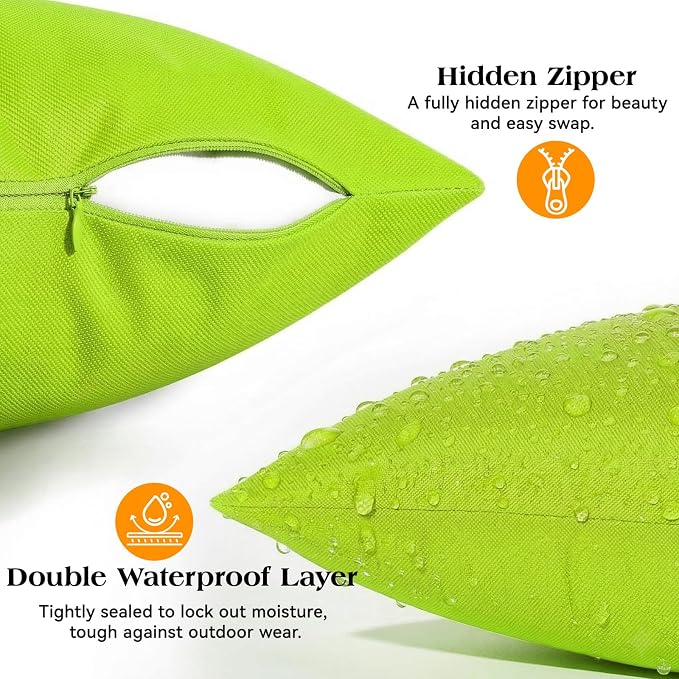 Lewondr 2 Pack Waterproof Outdoor Pillow Covers, 20"x20", Fluorescent Green | Waterproof, Solid PU Coating Throw Pillow Case, UV Protection Garden Cushion Cover, for Patio Decorative Sofa Couch Balcony