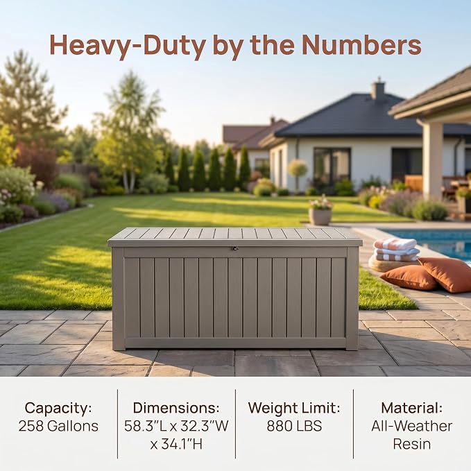 Large 258 Gallon Resin Deck Box, Heavy Duty Lockable Patio Storage Box Outdoor, Waterproof Tool Box for Garden Furniture Cushions & Pool Supplies, Wood Grain Outdoor Storage Bench for Backyard