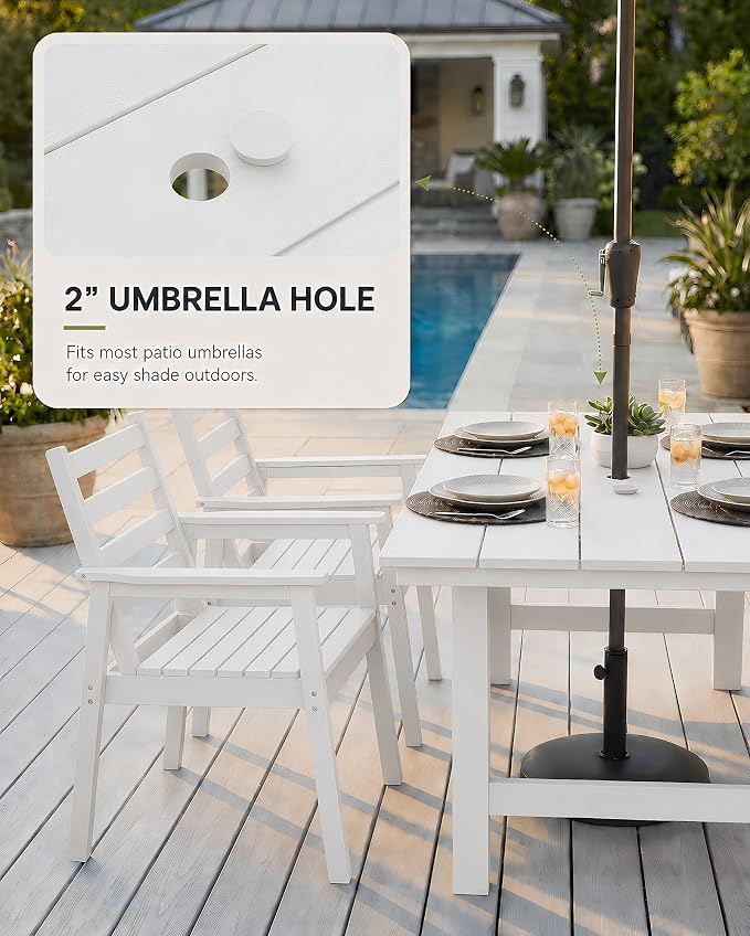 7 Piece HDPE Outdoor Dining Set for 6, Patio Dining Furniture Set with 2” Umbrella Hole, Weather Resistant Outdoor Table and Chairs for Garden, Poolside, Backyard, Deck