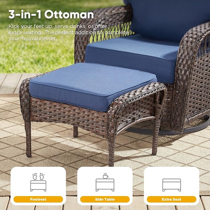 Belord Luxury Patio Furniture Set with 5-inch Thick Cushion, Outdoor Couch and High Back Swivel Rocker Patio Chairs, 6PCS Wicker Conversation Set for Deck Yard and Poolside,Blue