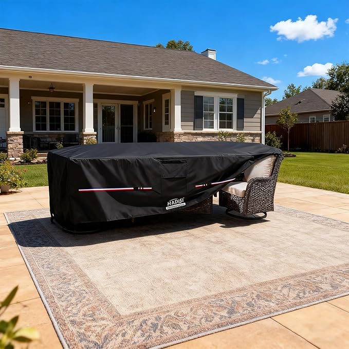 Patio Furniture Covers,Outdoor Furniture Cover Waterproof,600D Rectangular Patio Heavy Duty Table Cover,Outdoor Dining Table and Chair General Purpose Furniture Covers 111"L x 74"W x 28"H-Black