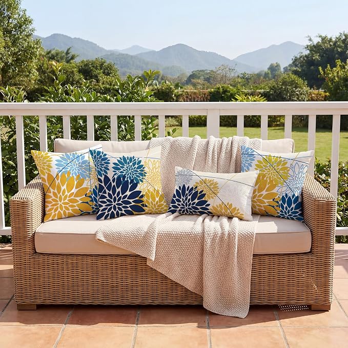 OTOSTAR Outdoor Dark Blue Yellow Pillow Covers 16x24 Inch Set of 2 Light Grey Flower Throw Pillows Geometric Dahlia Floral Lumbar Cushion Case Waterproof Decor for Sofa Patio Funiture Garden
